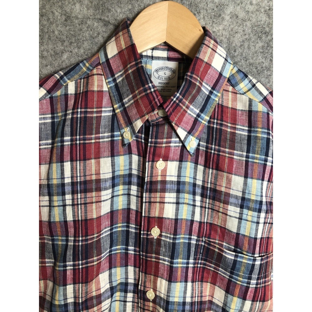 Brooks Brothers Shirt Mens S Red Plaid Irish Linen Regent Career Casual Classic